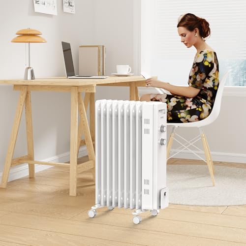 VonHaus Oil Filled Radiator 9 Fin – Oil Heater Portable Electric Free Standing 2000W for Home, Office, Any Room – Adjustable Thermostat, 3 Heat Settings, 4x Wheels, 1.5m Power Cable – 2 Year Warranty