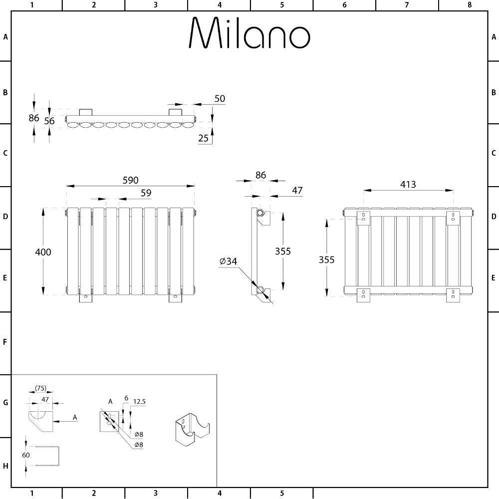 Milano Aruba White Horizontal Single Oval Panel Radiator - 400mm x 1652mm