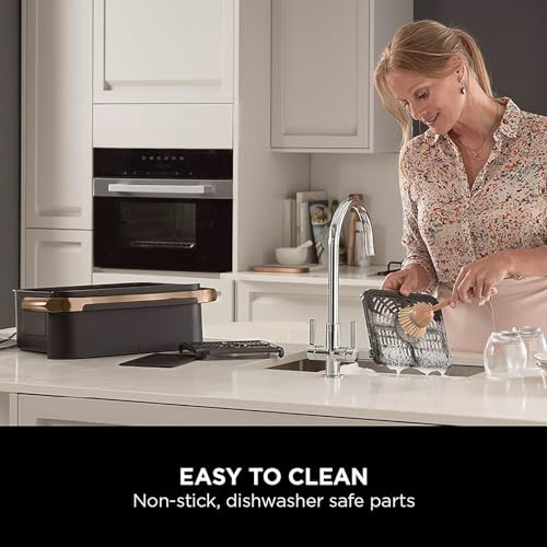 Woman cleaning a kitchen with text 'Easy to Clean' and 'Non-stick, dishwasher safe parts'.