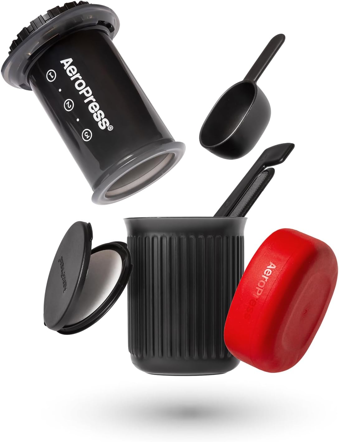 Aeropress Go Portable Travel Coffee Press Kit, 1-3 Cups in a Minute, Coffee, Espresso, & Cold Brew Maker, Manual Coffee Making Machine for Travel, Includes Mug & Lid, Grey