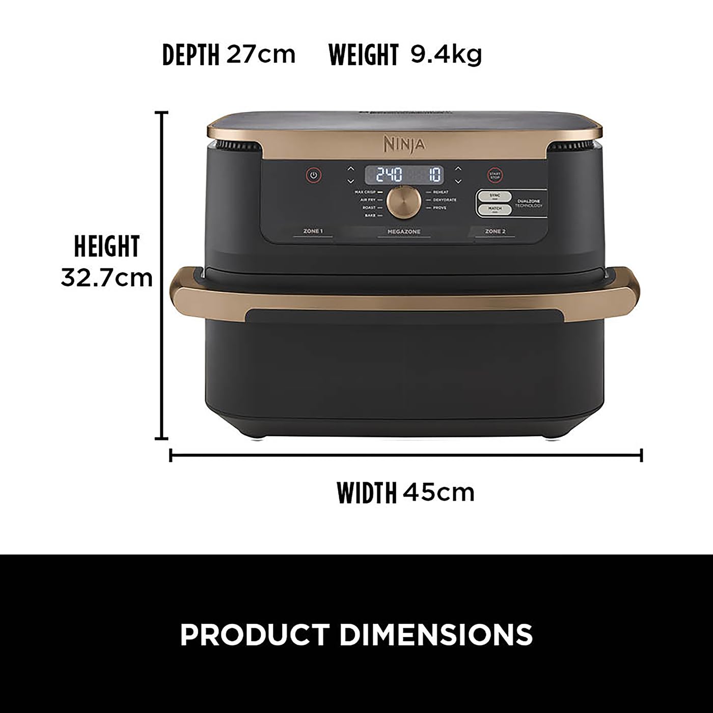 Ninja foodi product with dimensions and weight displayed on a white background