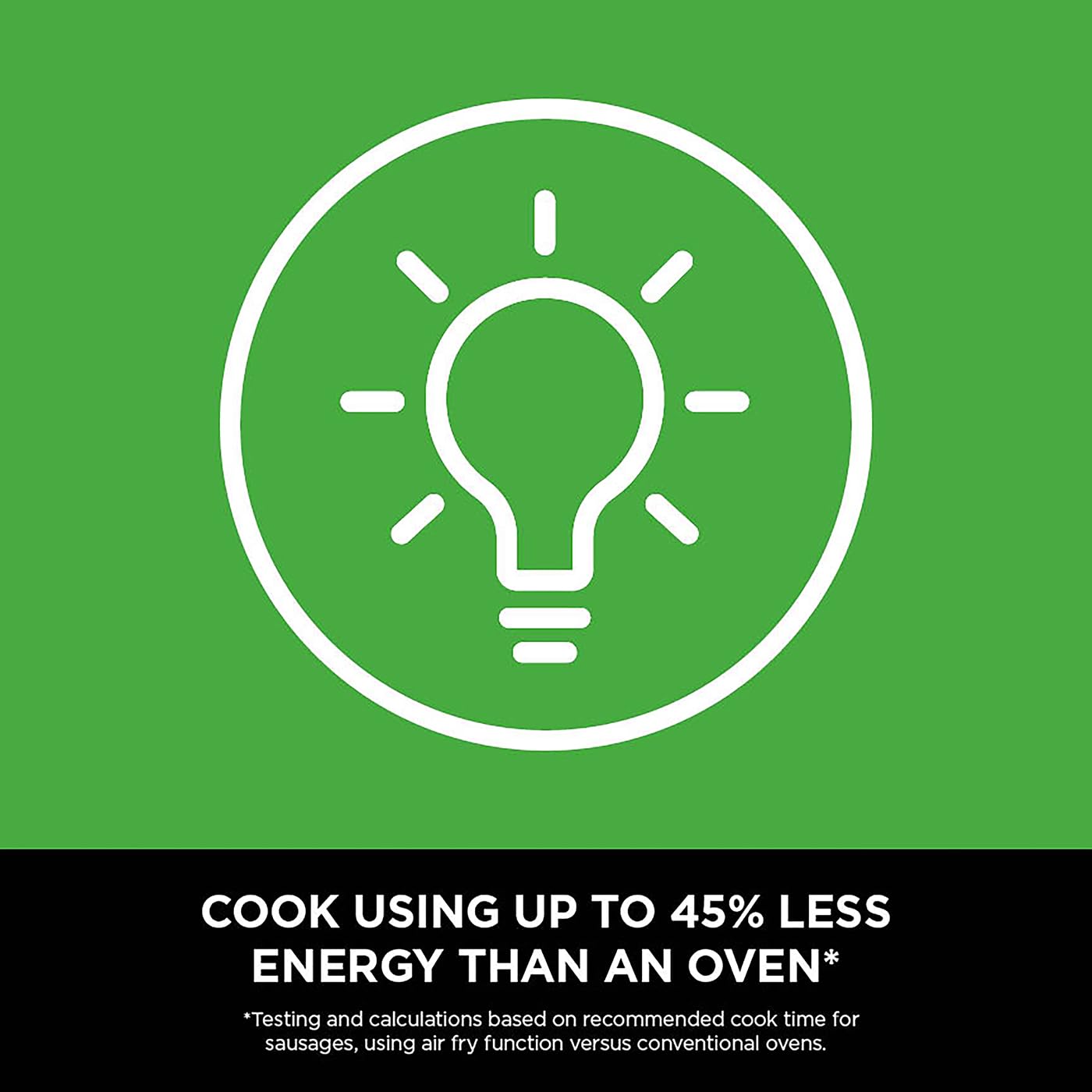 Light bulb icon on a green background with text about energy savings.
