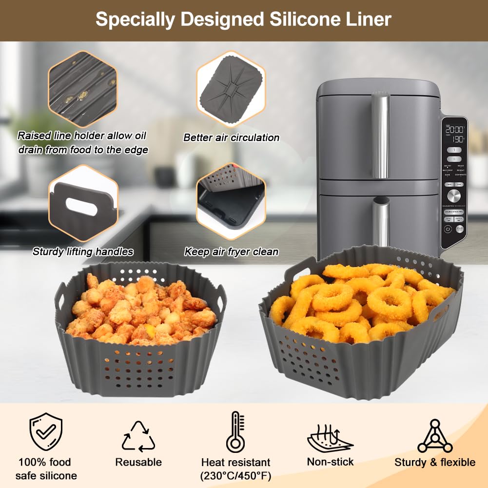 BYKITCHEN Air Fryer Silicone Liner for Ninja Double Stack XL 9.5L SL400UK, Perforated Air Fryer Liners Reusable, Airfryer Accessories for Ninja Double Stack Vertical Dual Drawer Airfryer (2 PCS)