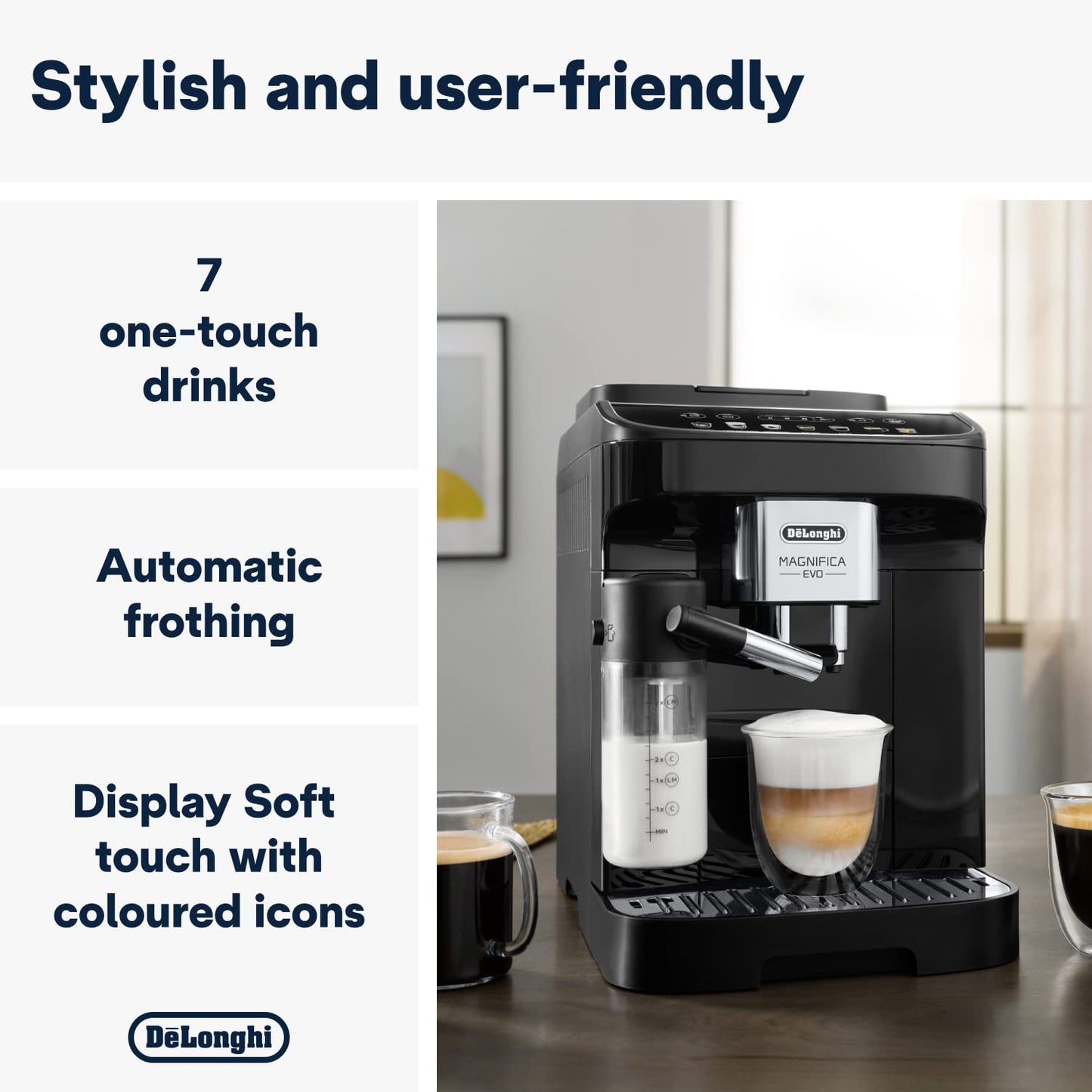 De'Longhi Magnifica Evo, Bean to Cup Coffee and Cappuccino Maker, 1450 watts, 250g bean container, 1.8L water container, ECAM292.81.B, Plastic, Black