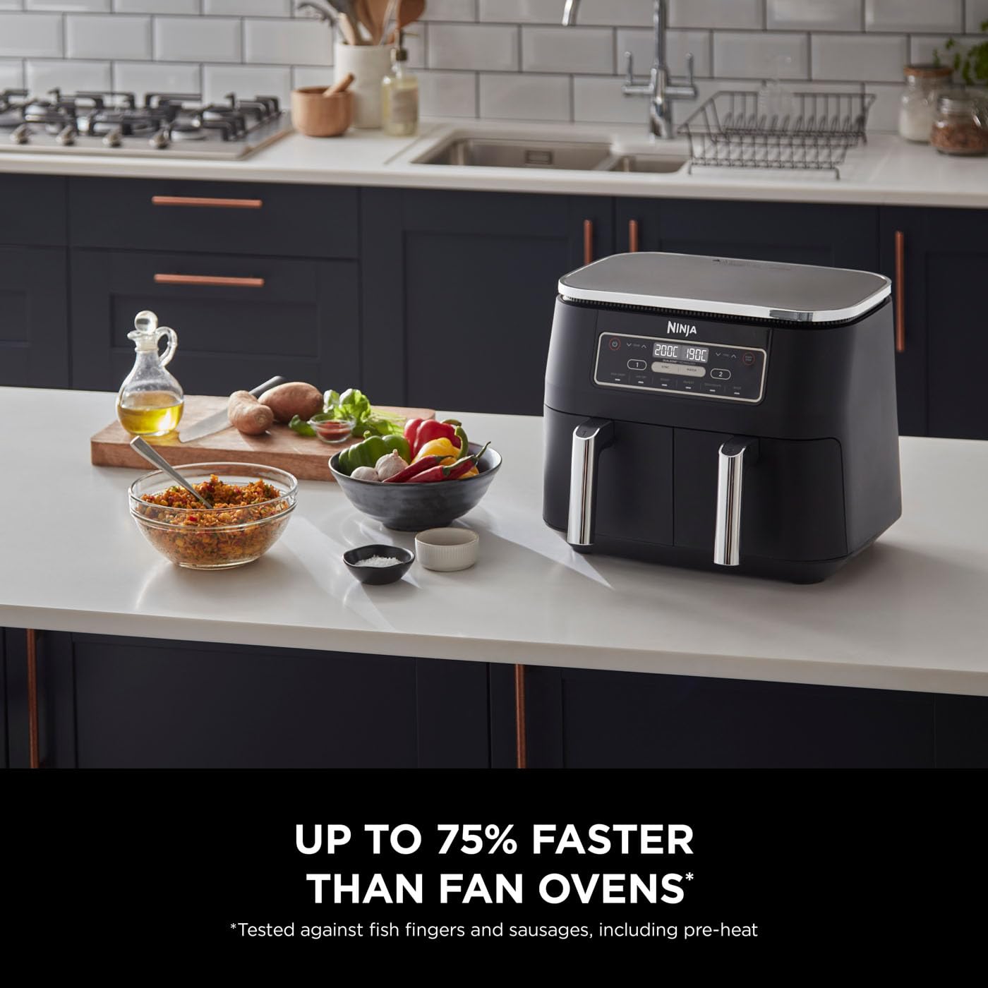 Ninja Foodi MAX Dual Zone Air Fryer, Amazon Exclusive, Tongs, 2 Drawers, 9.5L, 6-in-1, Use No Oil, Air Fry, Max Crisp, Roast, Bake, 8 Portions, Nonstick Dishwasher Safe Baskets, Copper/Black AF400UKCP