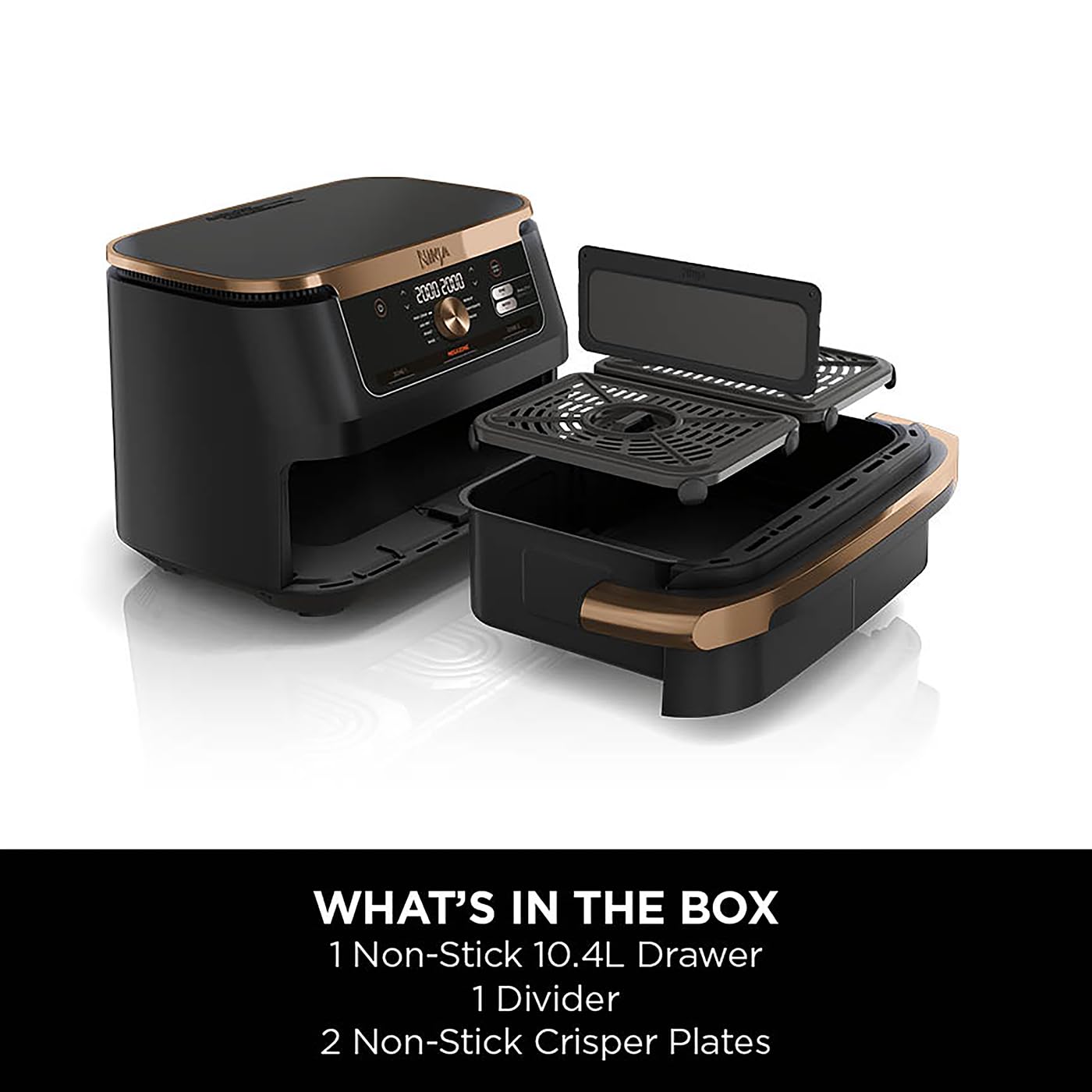 Black and bronze kitchen appliance with open drawer on a white background