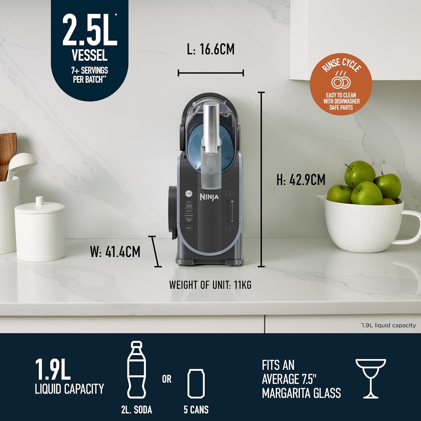 Ninja SLUSHi Frozen Drinks Maker, Create Slush, Frozen Cocktails, Frappé, Milkshakes & Frozen Juice, No Ice or Preperation Needed, WhisperChill Technology, 1.9l Capacity, Blue & Grey FS301UK
