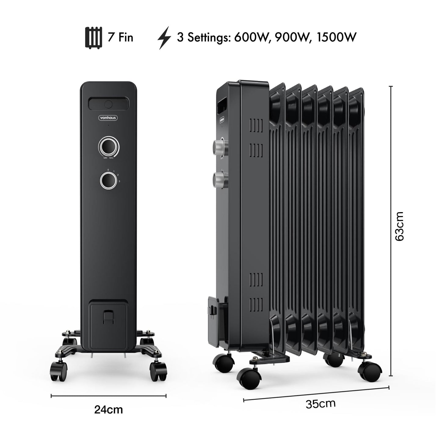 VonHaus Oil Filled Radiator 9 Fin, Electric Heater for Home Office, Oil Radiator Warms Any Room Quickly & Efficiently, Thermostatically Controlled 2kw Heater for Maximum Warmth, 2 Year Warranty