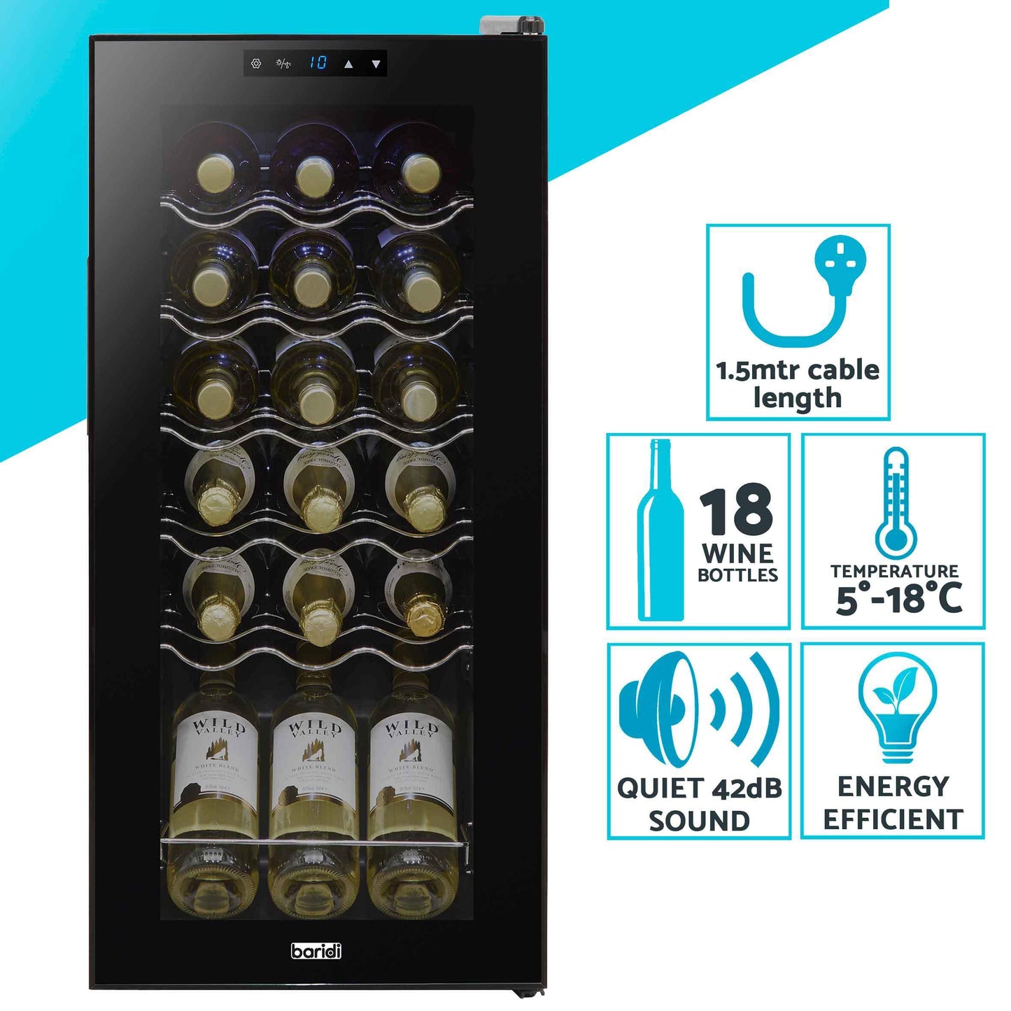 Baridi Black 12 Bottle Wine Fridge Cooler, Super Quiet 25dB, Touch Control, LED - DH73