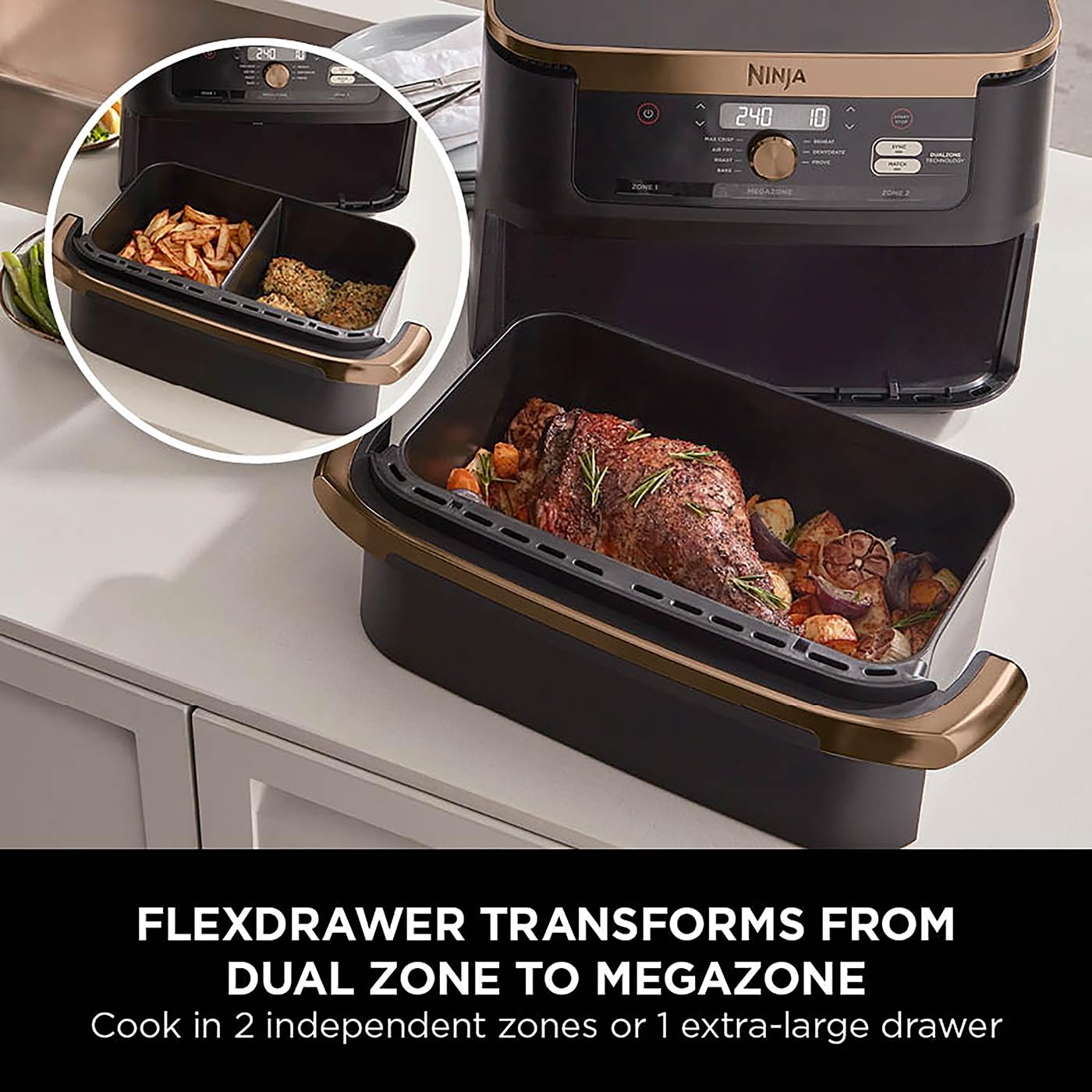 Ninja flexdrawer kitchen appliance with food inside on a kitchen counter