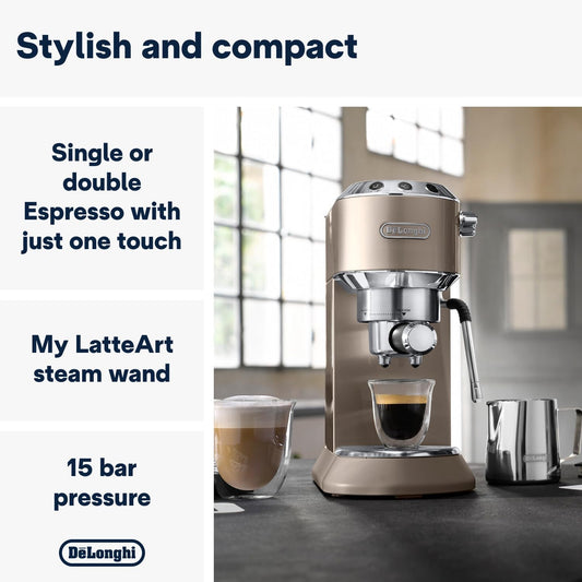 De'Longhi Dedica Arte EC885.BG, Traditional Barista Pump Espresso Machine, Manual Coffee Machine, My LatteArt Steam Wand, Compact Design 15cm Wide, Fit Mug Up to 13cm, Beige