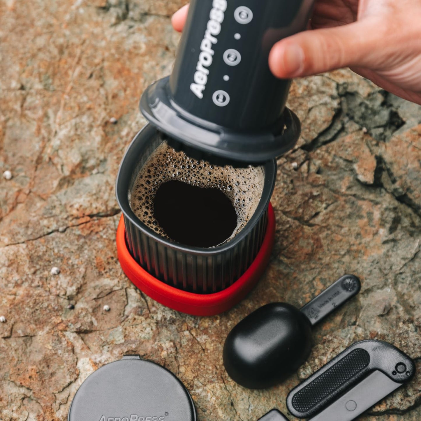 Aeropress Go Portable Travel Coffee Press Kit, 1-3 Cups in a Minute, Coffee, Espresso, & Cold Brew Maker, Manual Coffee Making Machine for Travel, Includes Mug & Lid, Grey