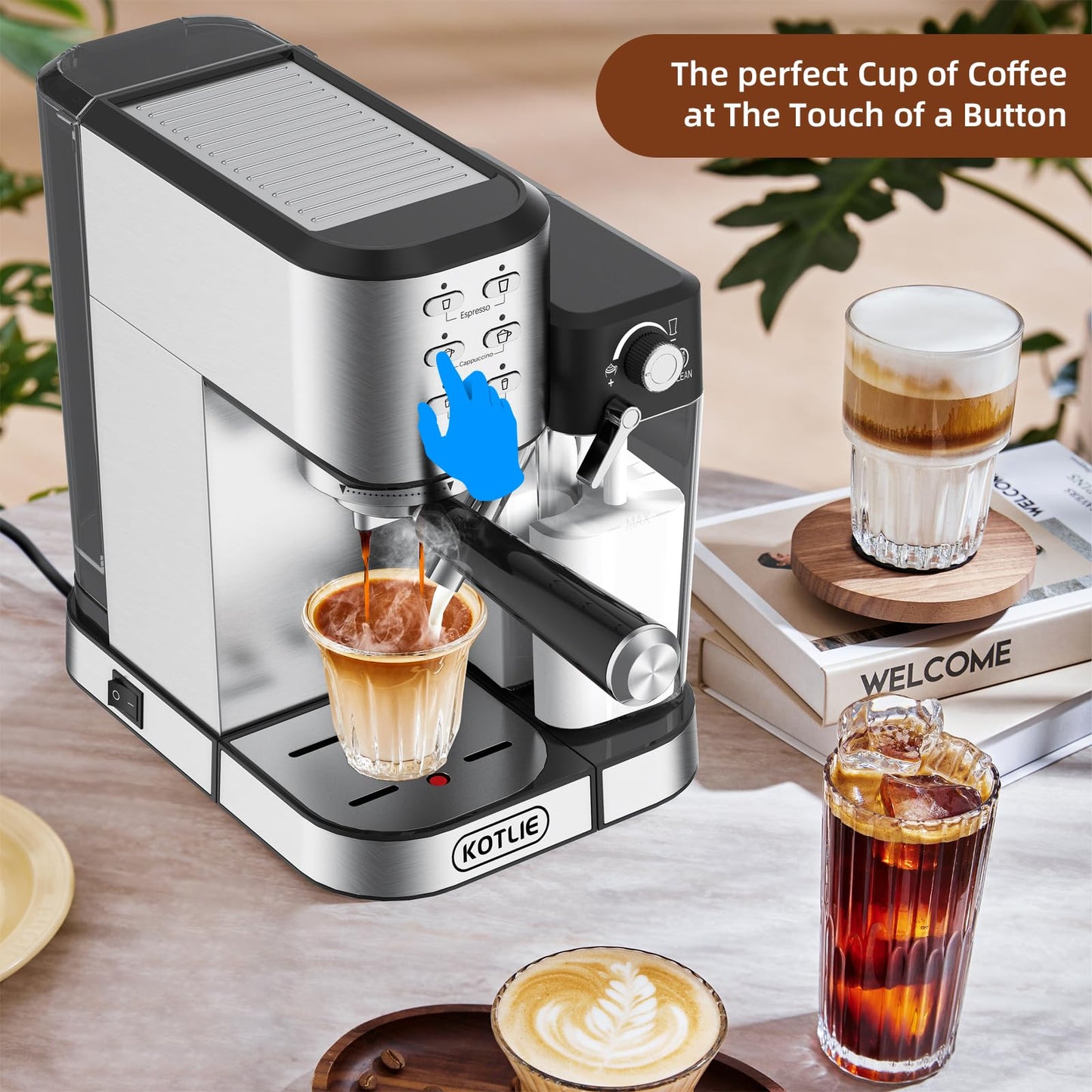 KOTLIE Espresso Coffee Machine with Automatic Milk Frother, 20Bar One-Touch Coffee Machines for Espresso, Cappuccino and Latte, ESE Pod Compatible, Black (CM5180-UK)