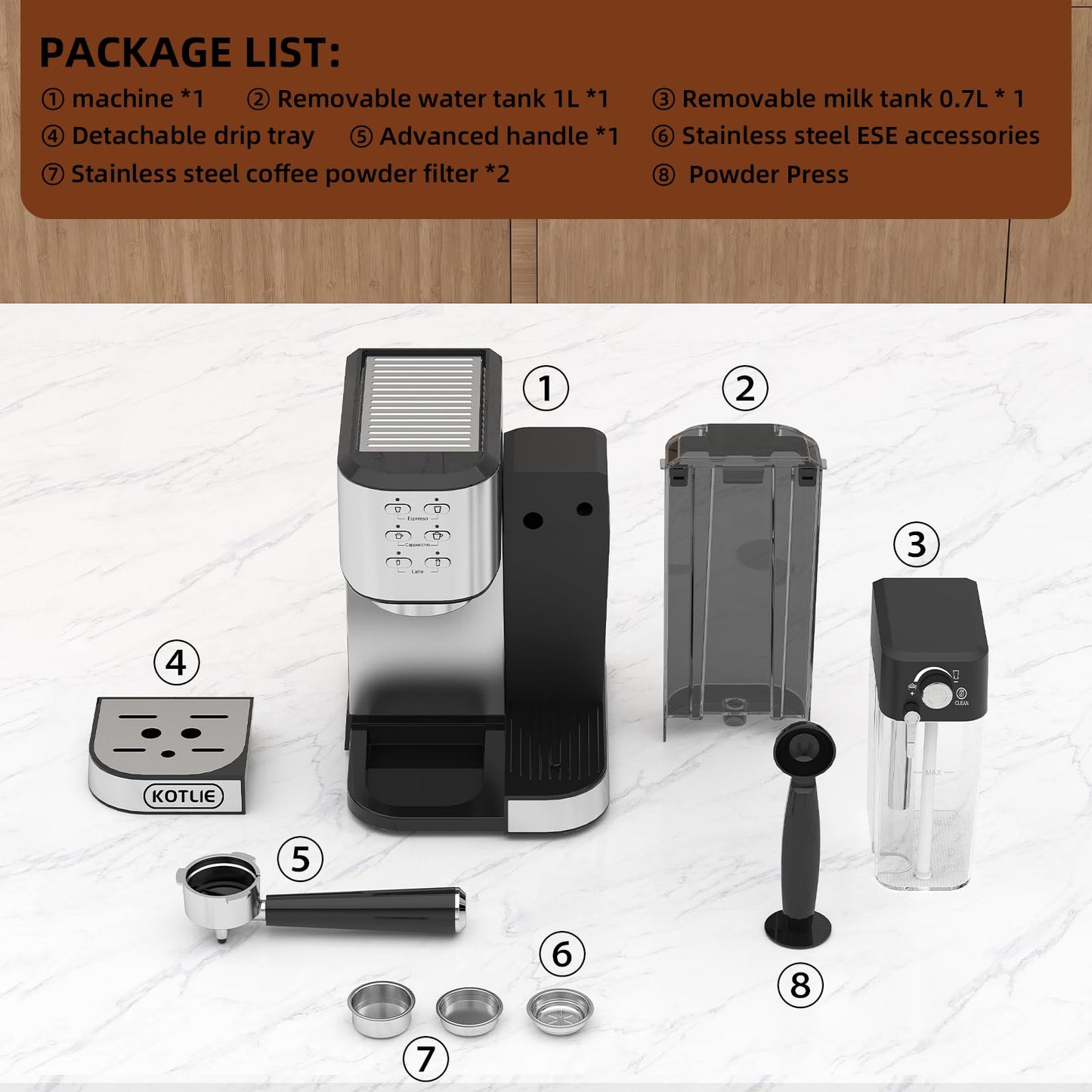 KOTLIE Espresso Coffee Machine with Automatic Milk Frother, 20Bar One-Touch Coffee Machines for Espresso, Cappuccino and Latte, ESE Pod Compatible, Black (CM5180-UK)