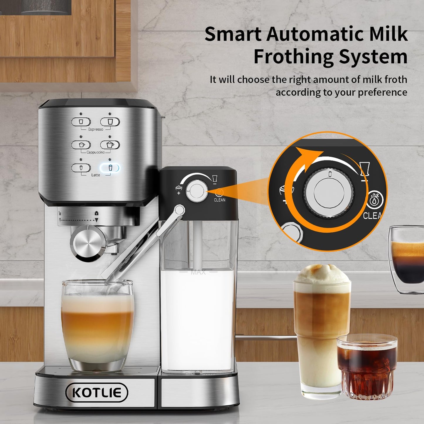 KOTLIE Espresso Coffee Machine with Automatic Milk Frother, 20Bar One-Touch Coffee Machines for Espresso, Cappuccino and Latte, ESE Pod Compatible, Black (CM5180-UK)