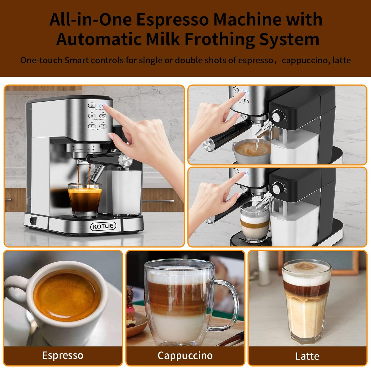 KOTLIE Espresso Coffee Machine with Automatic Milk Frother, 20Bar One-Touch Coffee Machines for Espresso, Cappuccino and Latte, ESE Pod Compatible, Black (CM5180-UK)