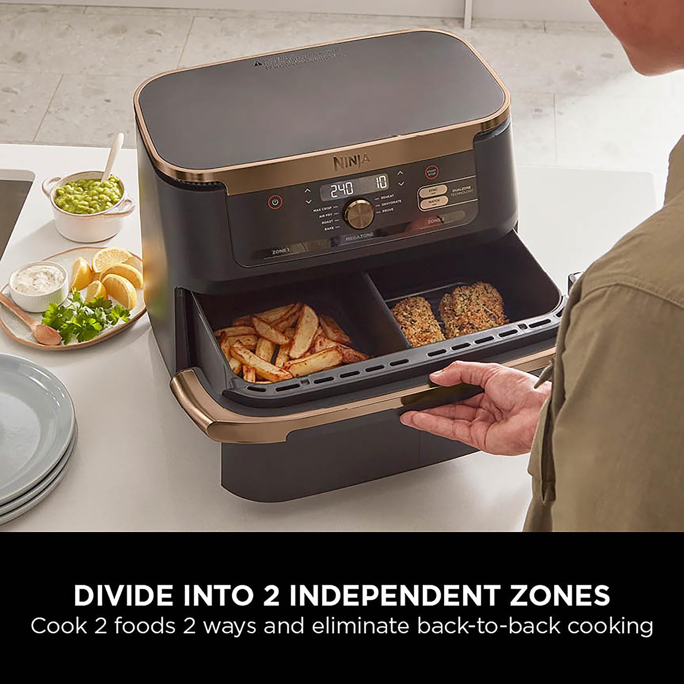 Ninja foodi multi-cooker on a kitchen counter with food items around, featuring text about its cooking capabilities.