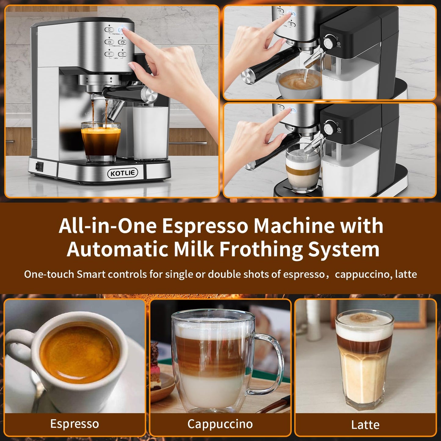 KOTLIE Espresso Coffee Machine with Automatic Milk Frother, 20Bar One-Touch Coffee Machines for Espresso, Cappuccino and Latte, ESE Pod Compatible, Black (CM5180-UK)