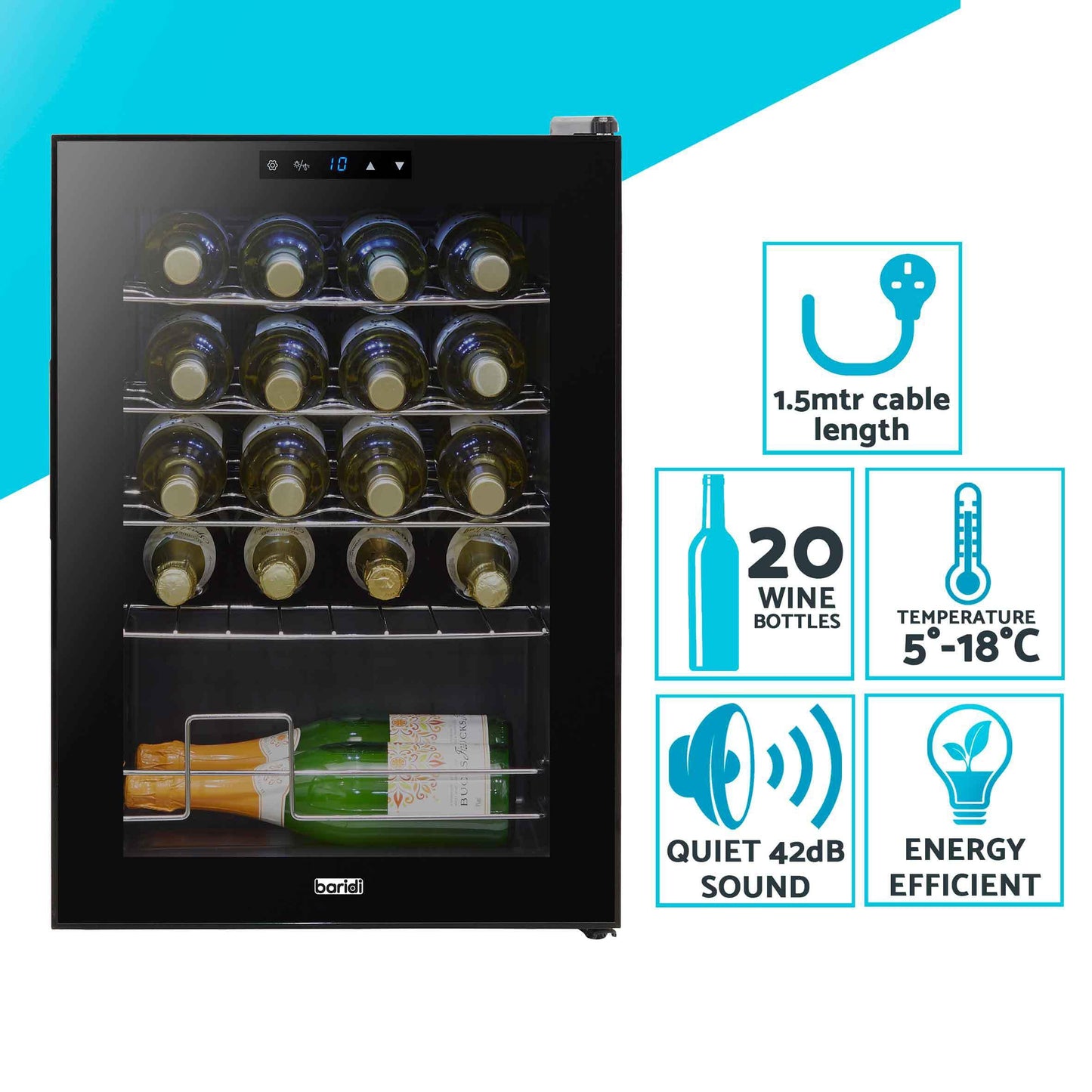 Baridi Black 12 Bottle Wine Fridge Cooler, Super Quiet 25dB, Touch Control, LED - DH73