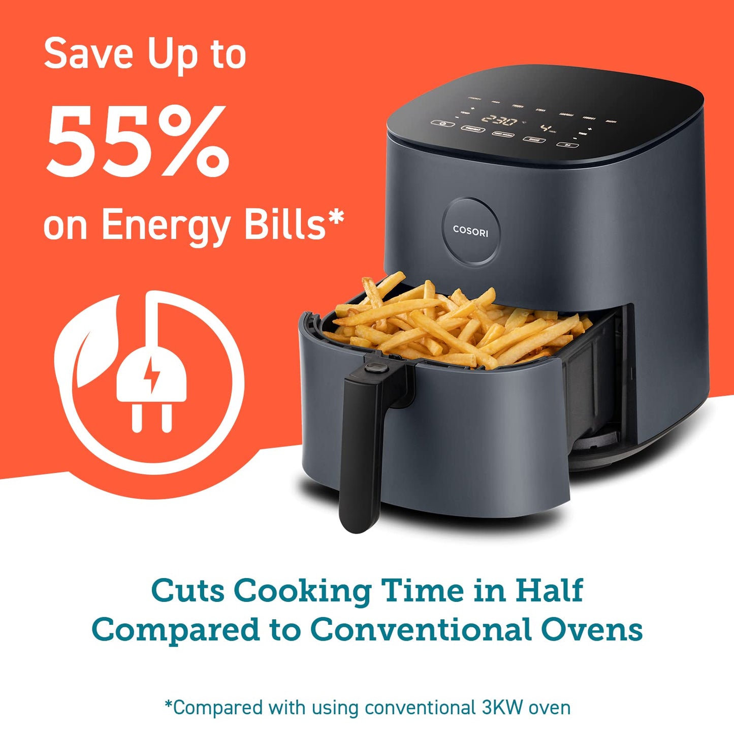 COSORI 5.5L Smart Air Fryer Oven, 200 Recipes(Cookbook & Online), APP Control, Square & Removable Basket, 13 Cooking Functions, Roast, Bake, Reheat, Dishwasher Safe, Black