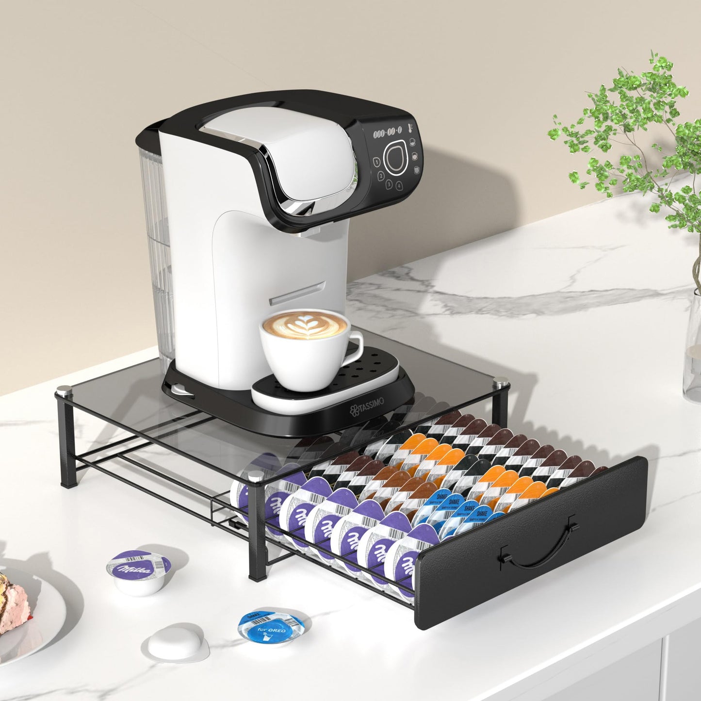 HFHOME Tassimo Pods Holder,64 Capsule Metal Coffee Pod Holder,Bosch Tassimo Stand & Pod Storage Drawer, Anti-vibration Design Coffee Station Organizer- Black