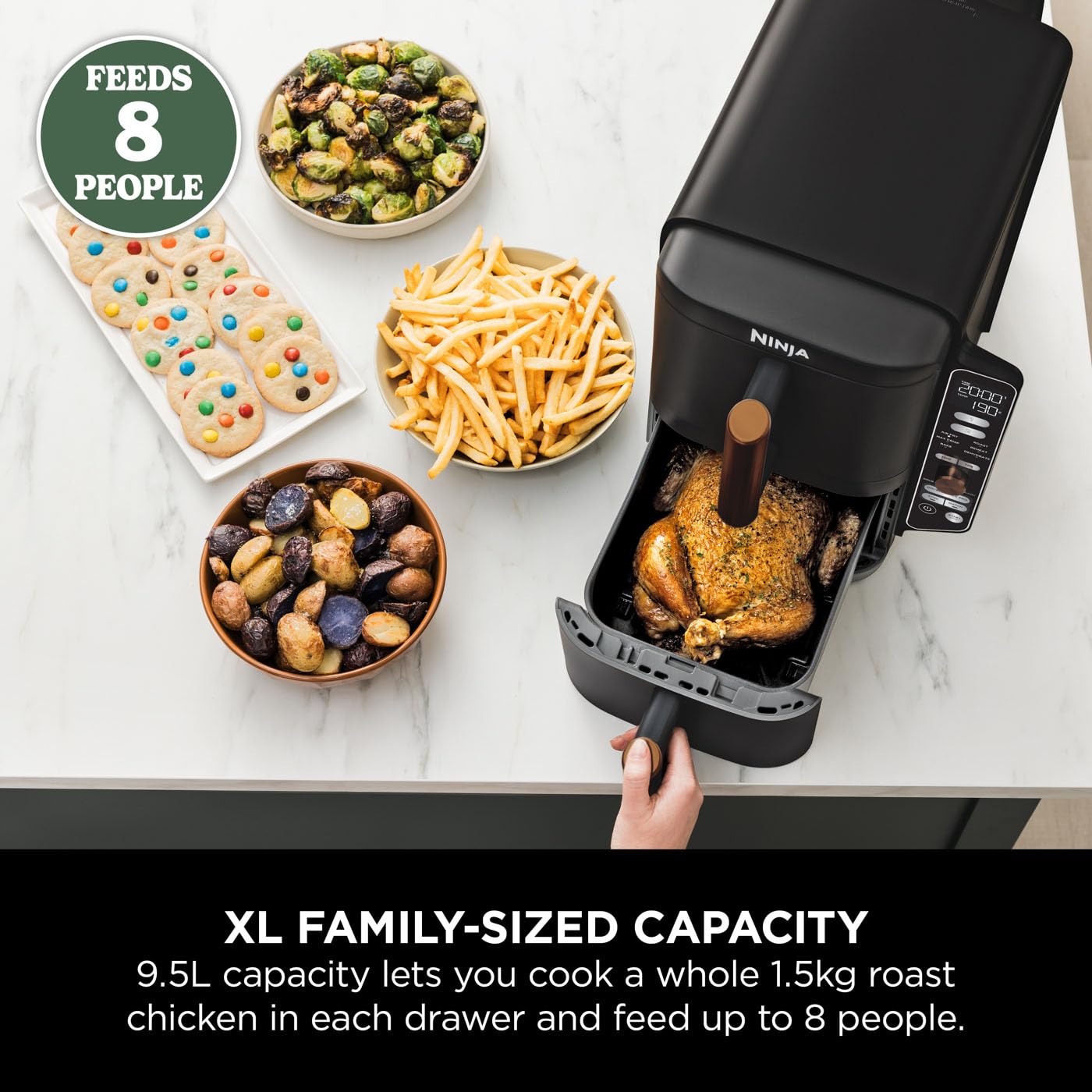 Ninja Double Stack XL Air Fryer, Vertical Dual Drawer Air Fryer with 4 cooking levels, 2 Drawers & 2 Racks, Space Saving Design, 9.5L Capacity, 6 Functions, 8 Portions, Tongs, Black/Copper SL400UKCP