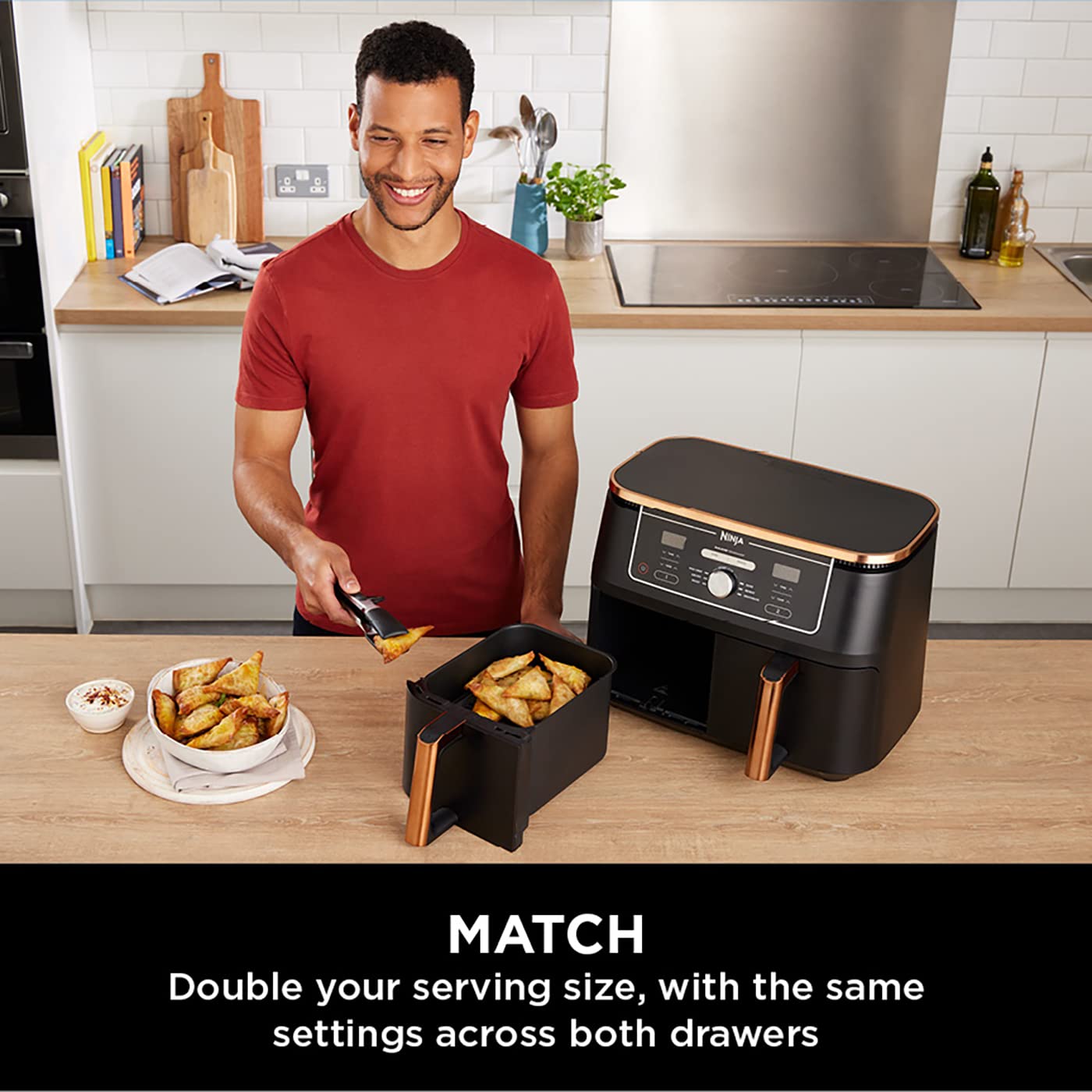 Ninja Foodi MAX Dual Zone Air Fryer, Amazon Exclusive, Tongs, 2 Drawers, 9.5L, 6-in-1, Use No Oil, Air Fry, Max Crisp, Roast, Bake, 8 Portions, Nonstick Dishwasher Safe Baskets, Copper/Black AF400UKCP