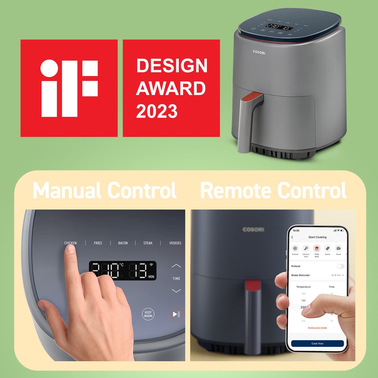 COSORI 5.5L Smart Air Fryer Oven, 200 Recipes(Cookbook & Online), APP Control, Square & Removable Basket, 13 Cooking Functions, Roast, Bake, Reheat, Dishwasher Safe, Black