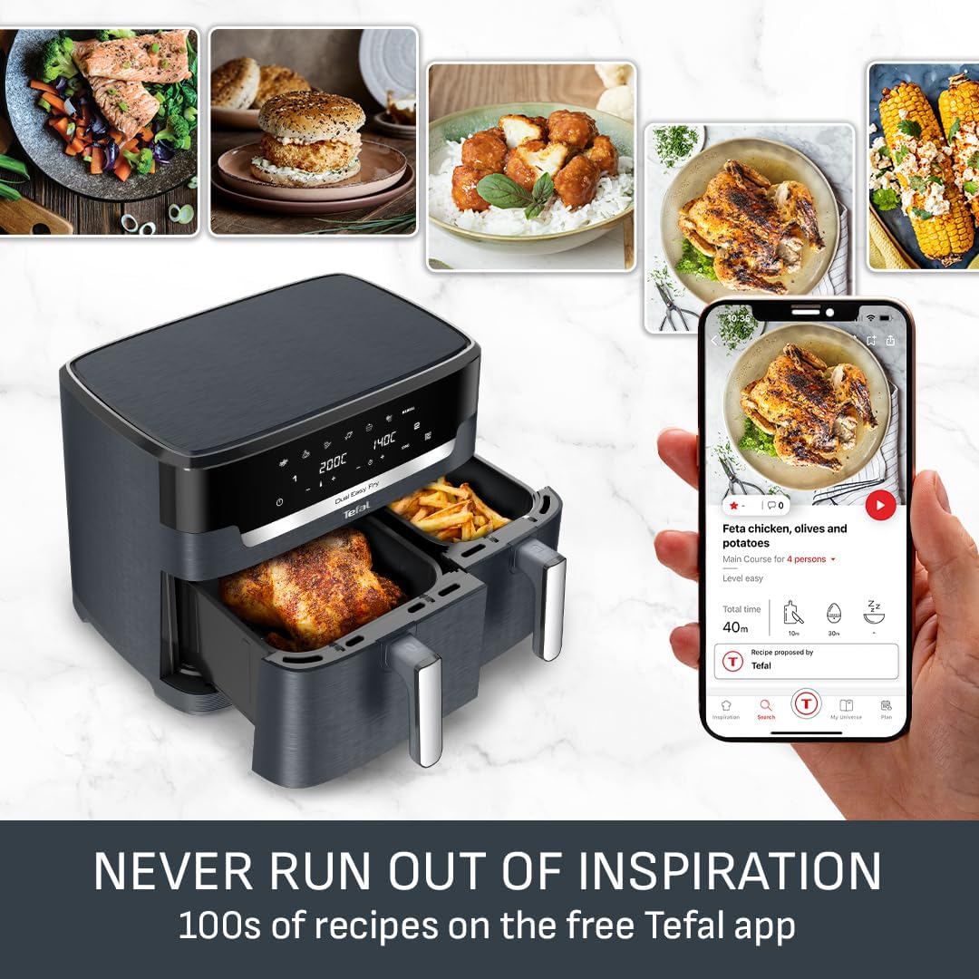 Tefal Easy Fry Dual Zone Digital Air Fryer, 2 Drawers, 8.3L, 8in1, Air Fry, Extra Crisp, Roast, Bake, Reheat, Dehydrate, 6 Portions, Non-Stick, Dishwasher Safe Baskets, Black & Metal EY901840