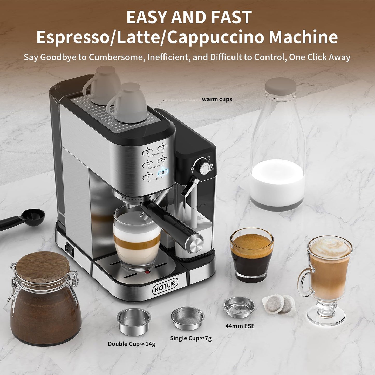 KOTLIE Espresso Coffee Machine with Automatic Milk Frother, 20Bar One-Touch Coffee Machines for Espresso, Cappuccino and Latte, ESE Pod Compatible, Black (CM5180-UK)