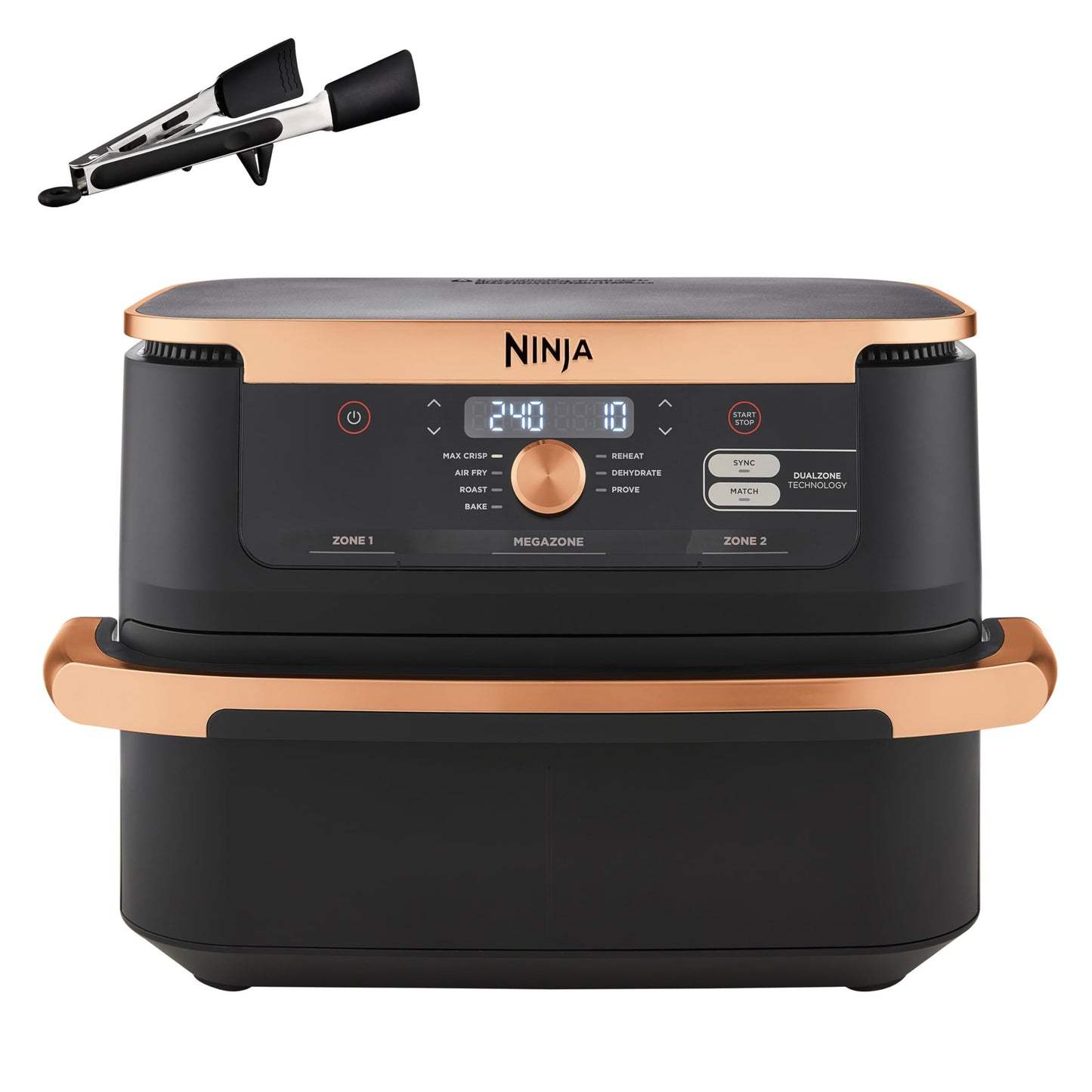 Ninja Foodi MAX Dual Zone Air Fryer, Amazon Exclusive, Tongs, 2 Drawers, 9.5L, 6-in-1, Use No Oil, Air Fry, Max Crisp, Roast, Bake, 8 Portions, Nonstick Dishwasher Safe Baskets, Copper/Black AF400UKCP