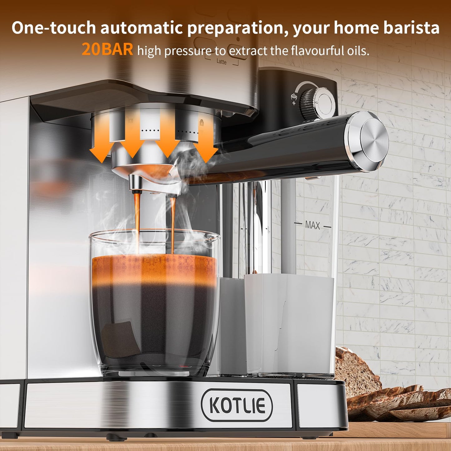 KOTLIE Espresso Coffee Machine with Automatic Milk Frother, 20Bar One-Touch Coffee Machines for Espresso, Cappuccino and Latte, ESE Pod Compatible, Black (CM5180-UK)