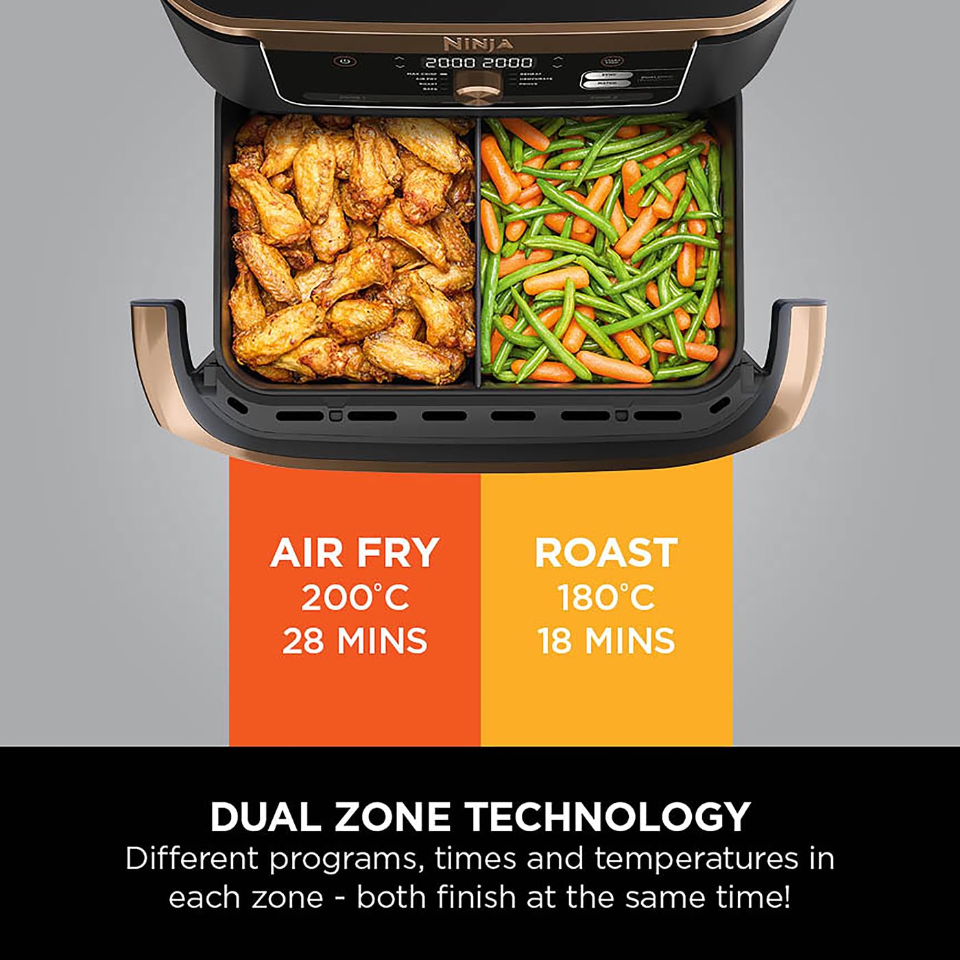 Ninja air fryer with food items inside, showing 'Air Fry' and 'Roast' settings on a gray background.