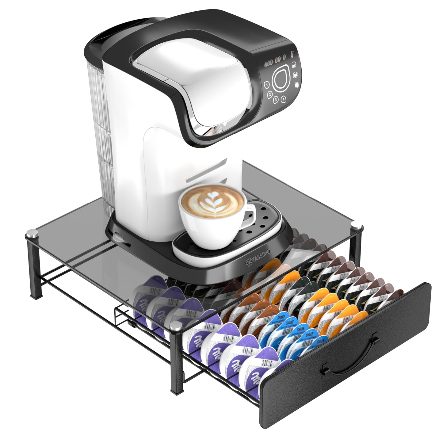 HFHOME Tassimo Pods Holder,64 Capsule Metal Coffee Pod Holder,Bosch Tassimo Stand & Pod Storage Drawer, Anti-vibration Design Coffee Station Organizer- Black