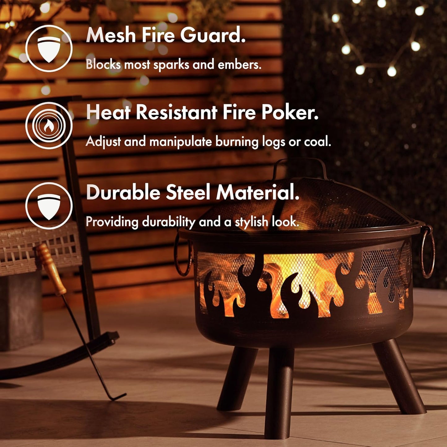 VonHaus Fire Pit – Firepit for Outdoor, Garden, Patio – Portable & Lightweight with Flame Design, Black Bronzed Steel, Fire Poker & Mesh Guard Included, Carry Handles – Use Wood or Charcoal to Fuel
