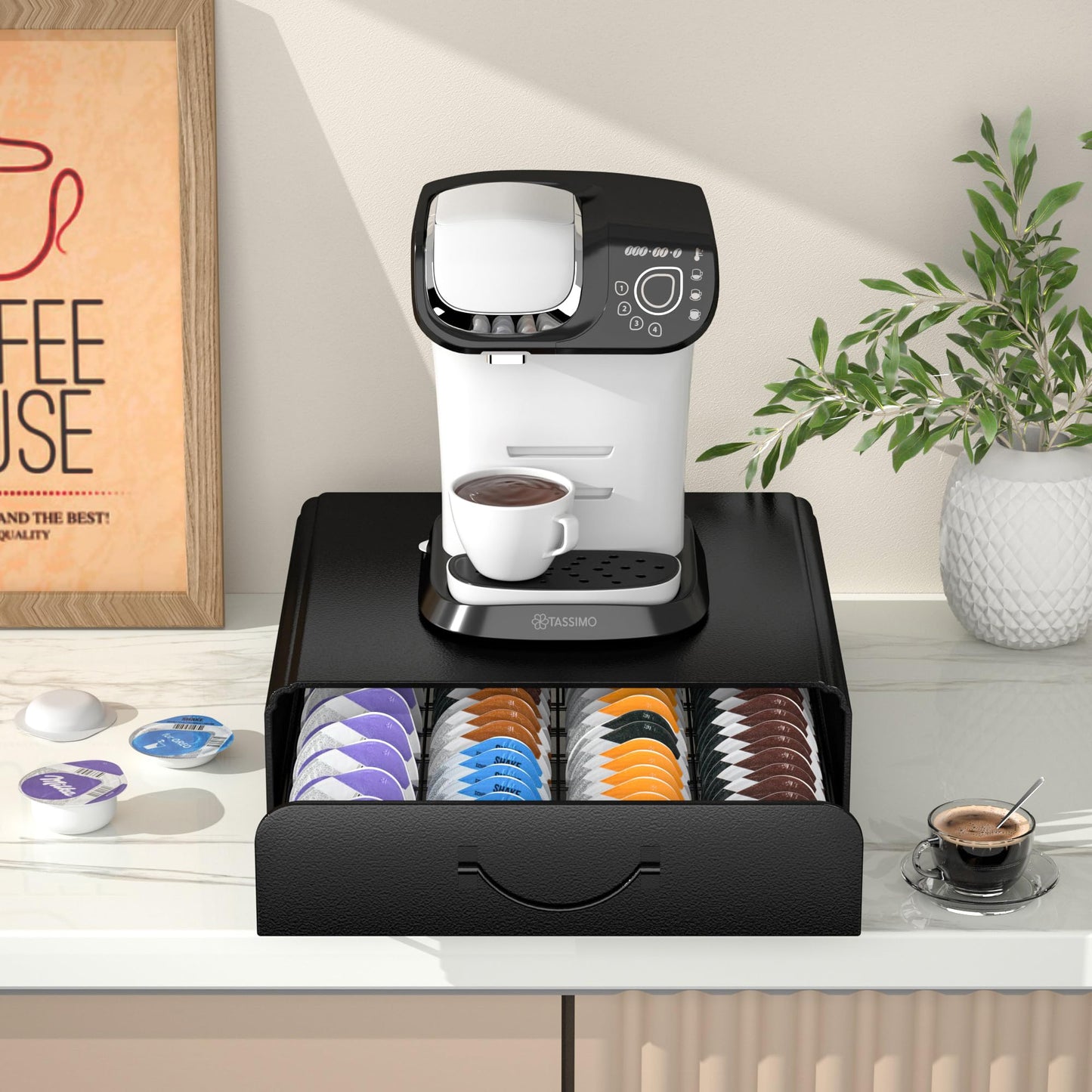 HFHOME Tassimo Pods Holder,64 Capsule Metal Coffee Pod Holder,Bosch Tassimo Stand & Pod Storage Drawer, Anti-vibration Design Coffee Station Organizer- Black