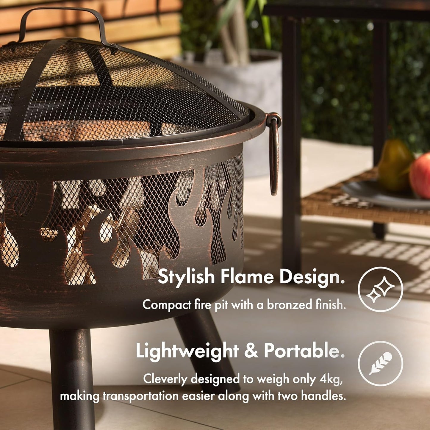 VonHaus Fire Pit – Firepit for Outdoor, Garden, Patio – Portable & Lightweight with Flame Design, Black Bronzed Steel, Fire Poker & Mesh Guard Included, Carry Handles – Use Wood or Charcoal to Fuel