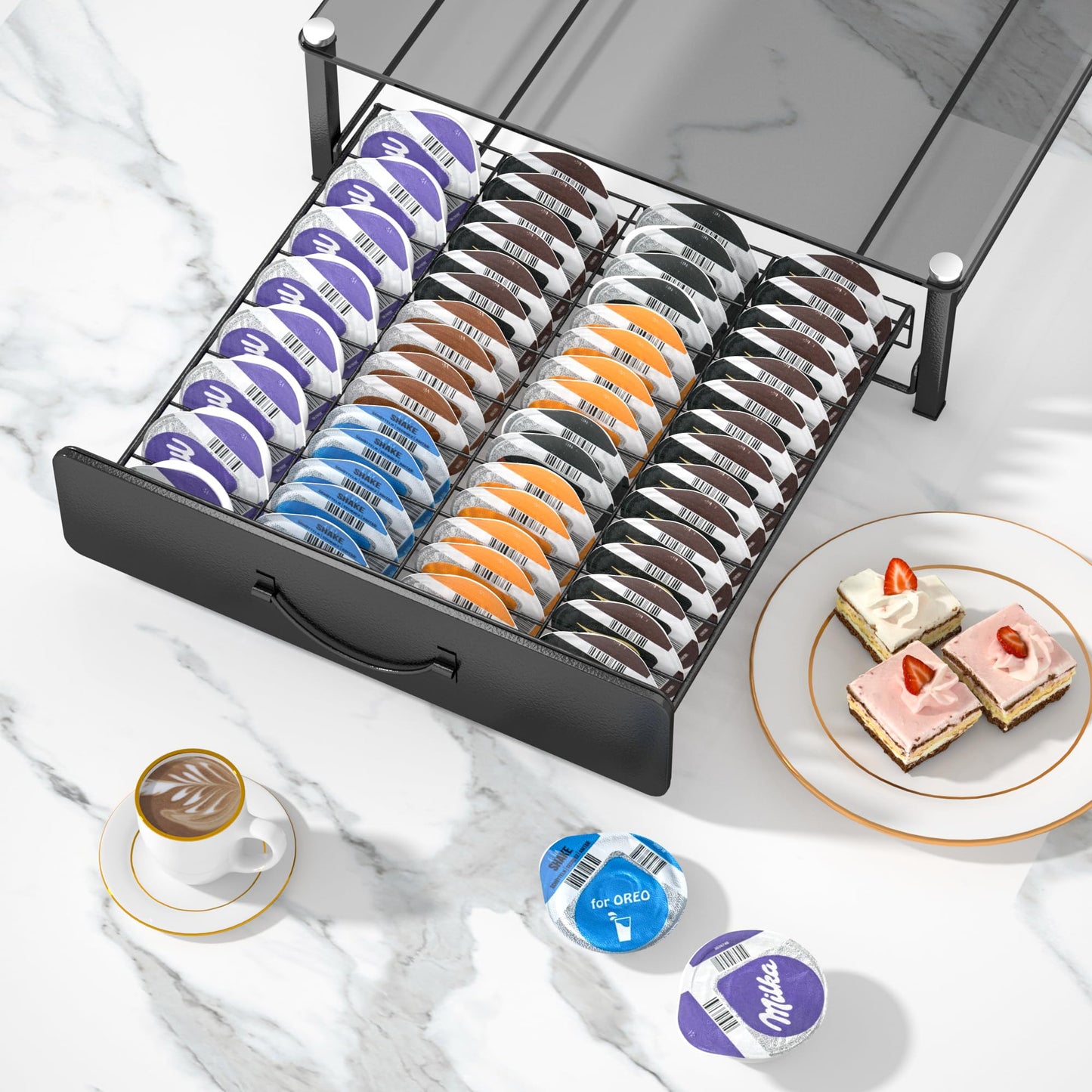 HFHOME Tassimo Pods Holder,64 Capsule Metal Coffee Pod Holder,Bosch Tassimo Stand & Pod Storage Drawer, Anti-vibration Design Coffee Station Organizer- Black