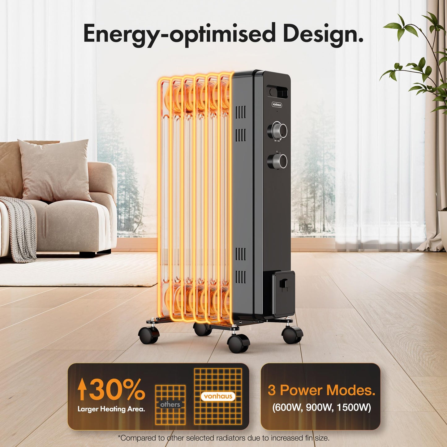 VonHaus Oil Filled Radiator 9 Fin, Electric Heater for Home Office, Oil Radiator Warms Any Room Quickly & Efficiently, Thermostatically Controlled 2kw Heater for Maximum Warmth, 2 Year Warranty