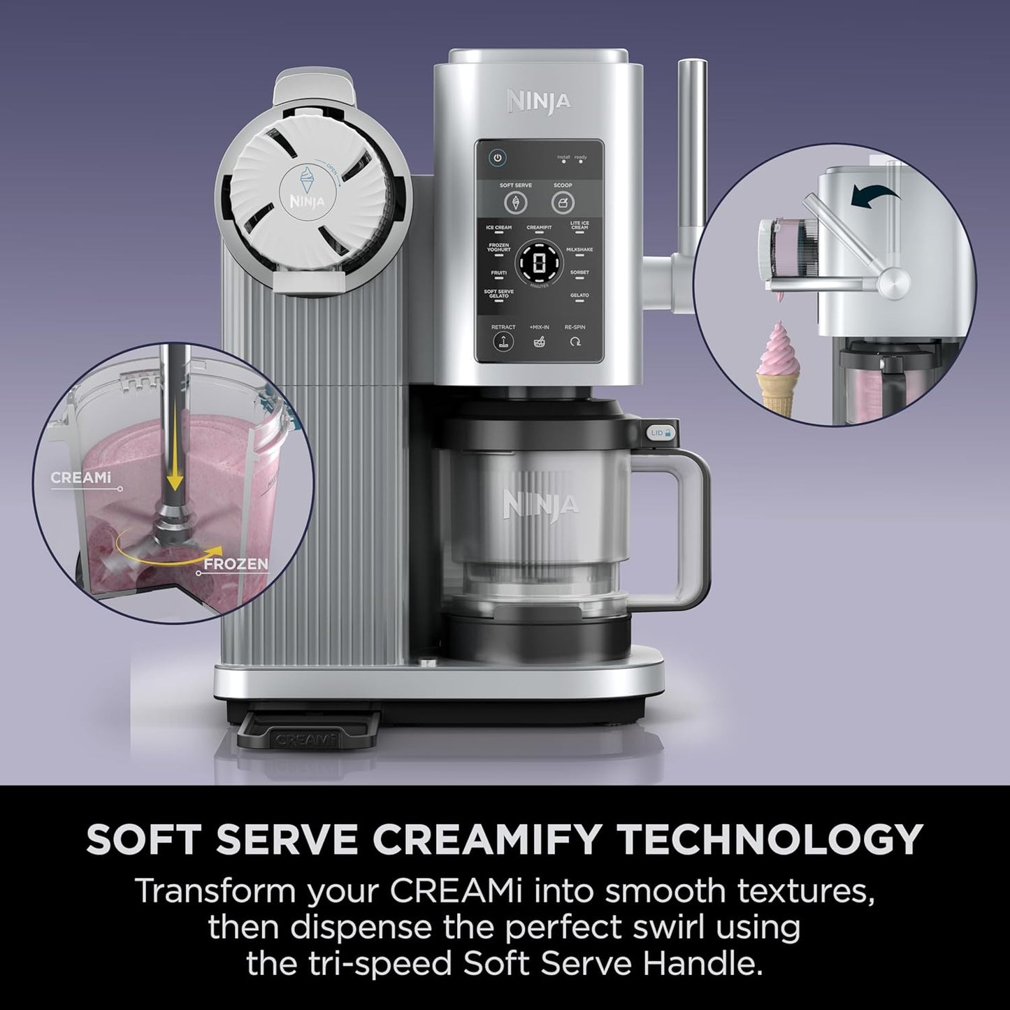 Ninja Swirl by CREAMi Soft Serve & Ice Cream Maker with 2x Tubs, 13 Functions, Makes Ice Cream, Soft Serve, Gelato, Sorbet, Milkshakes & More, Mix-In Option, Platinum Silver, NC701UK