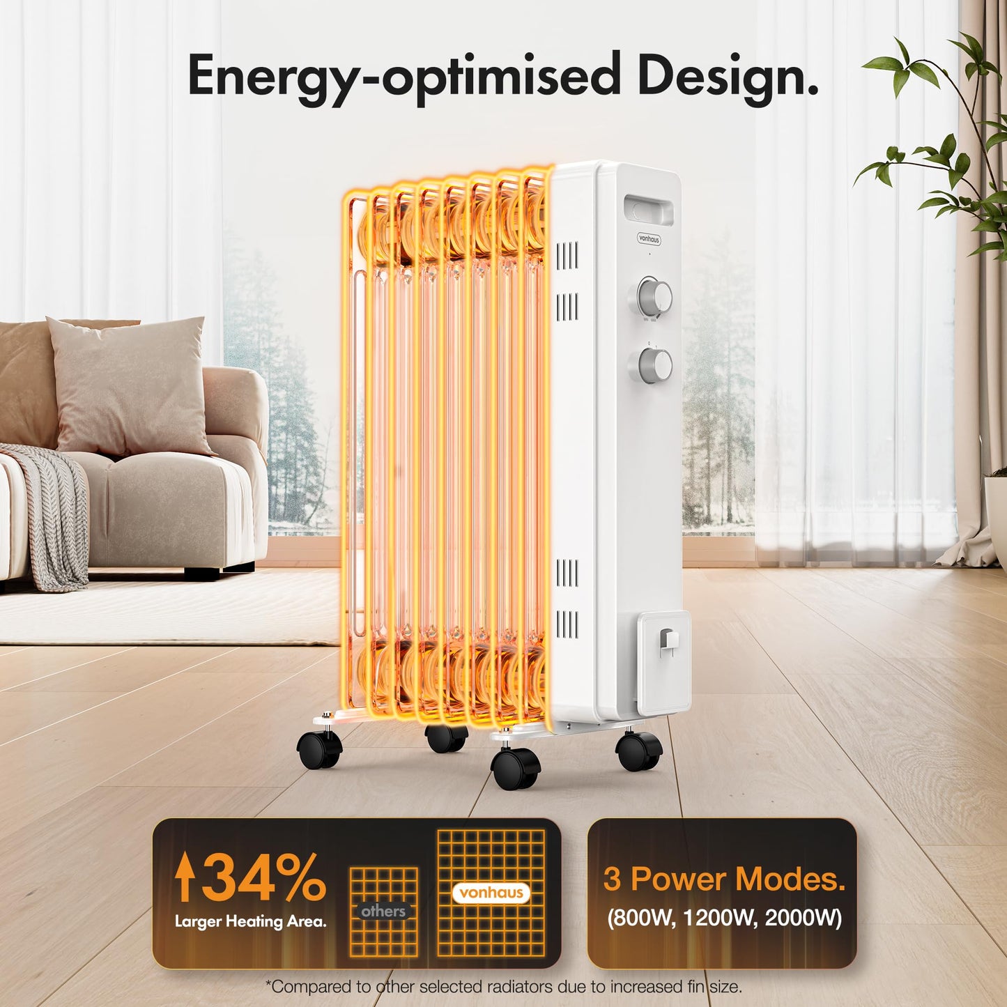 VonHaus Oil Filled Radiator 9 Fin, Electric Heater for Home Office, Oil Radiator Warms Any Room Quickly & Efficiently, Thermostatically Controlled 2kw Heater for Maximum Warmth, 2 Year Warranty