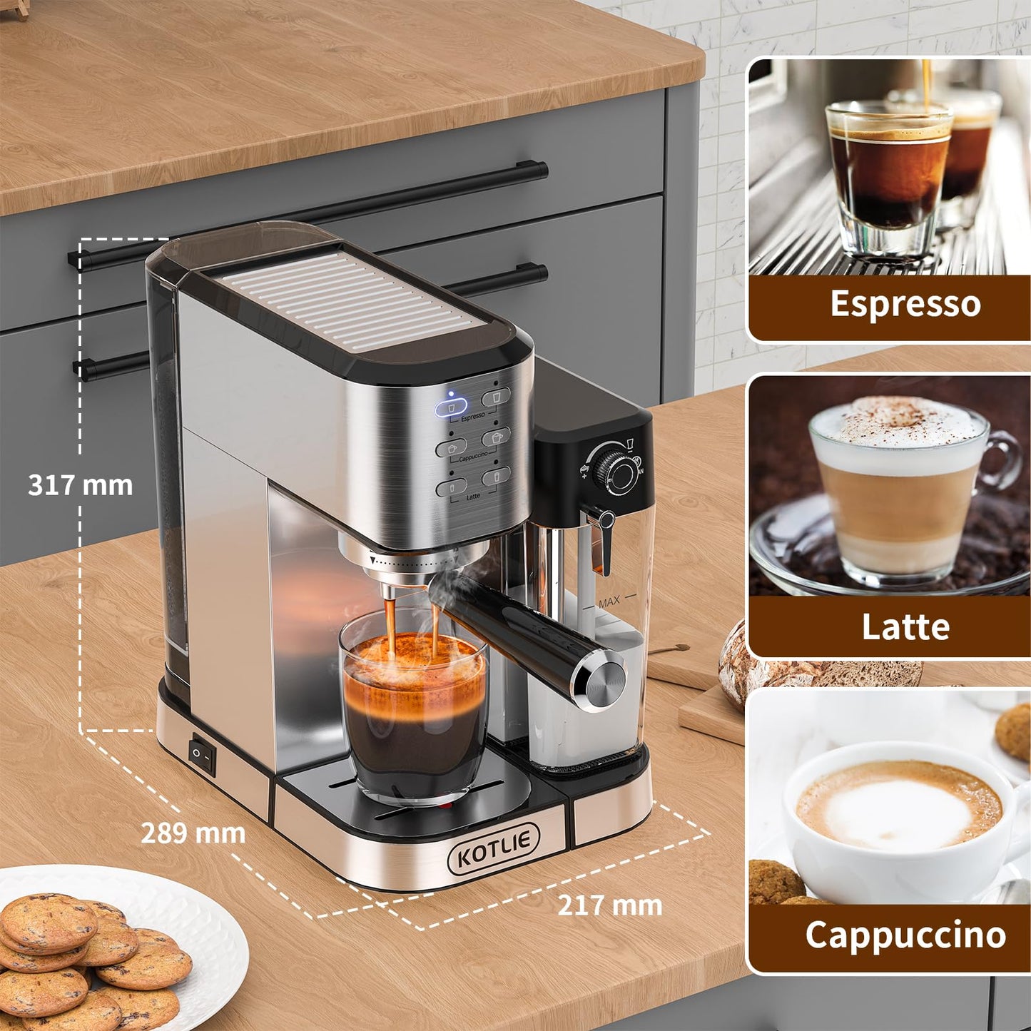 KOTLIE Espresso Coffee Machine with Automatic Milk Frother, 20Bar One-Touch Coffee Machines for Espresso, Cappuccino and Latte, ESE Pod Compatible, Black (CM5180-UK)