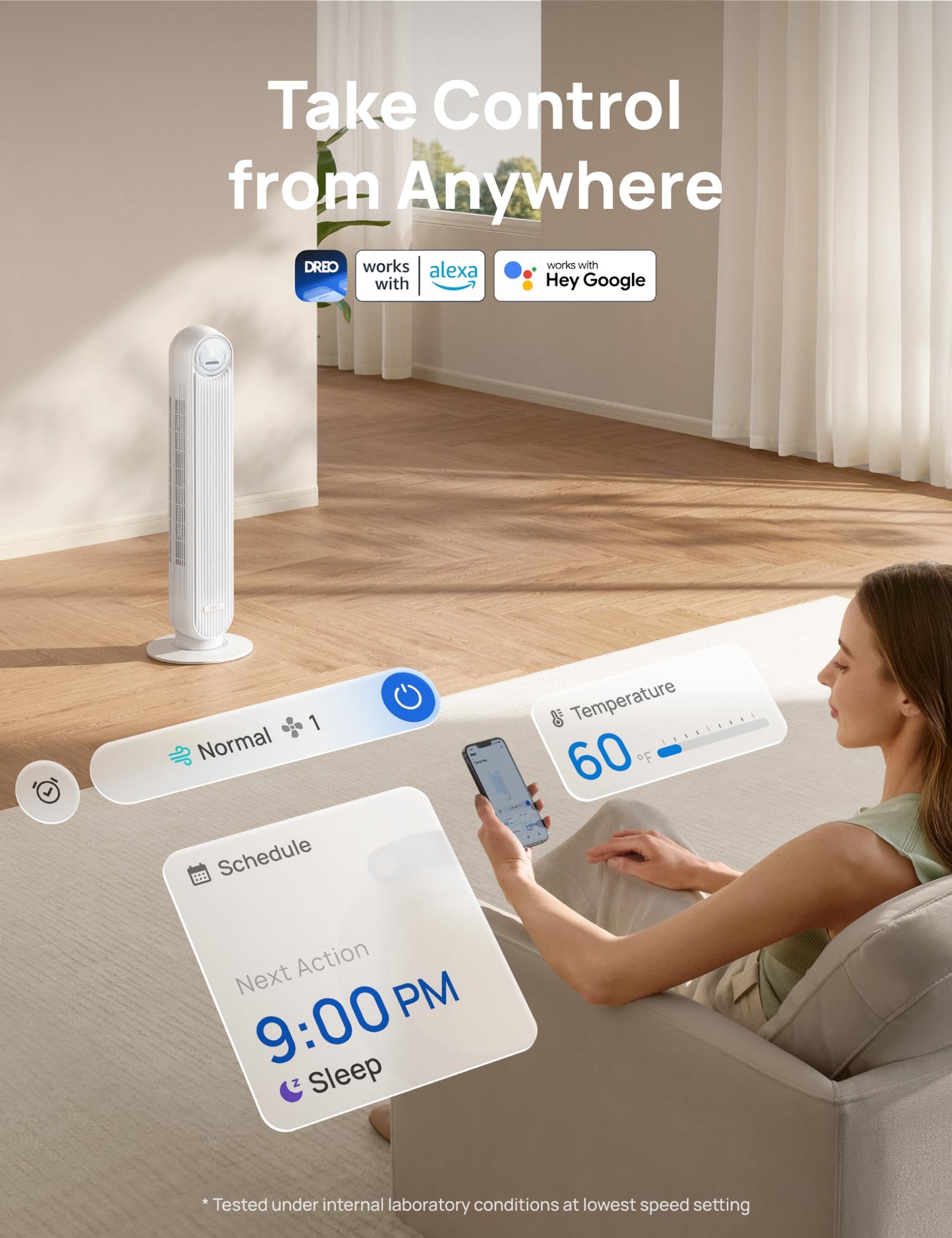 Dreo 28dB Silent Tower Fan, 25ft/s Velocity Electric Cooling Fan with Remote Control 90° Oscillating 4 Speeds 4 Modes 8H Timer LED Display, Quiet Standing Bladeless Floor Fans for Bedroom, White