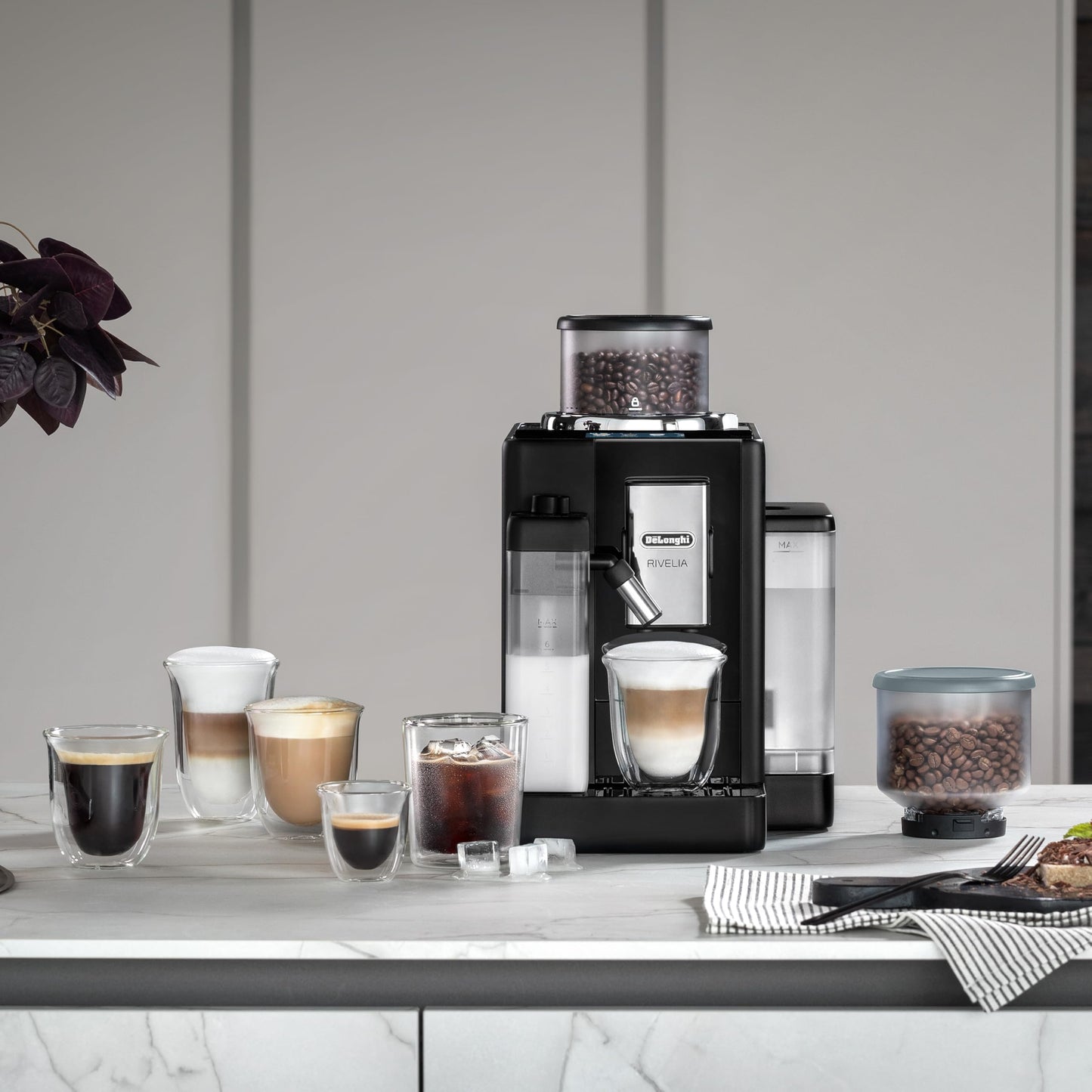 Delonghi Rivelia EXAM440.55.G, Fully Automatic Coffee Machine with LatteCrema Hot, Automatic Milk Frother, Compact Size Bean to Cup Coffee Machine, 16 Recipes, Full Touch Colored Display, Pebble Grey
