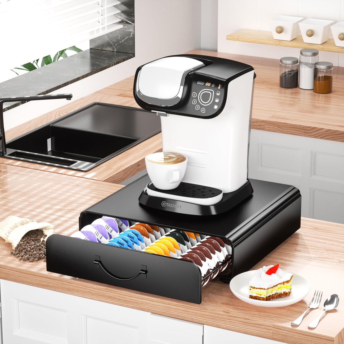 HFHOME Tassimo Pods Holder,64 Capsule Metal Coffee Pod Holder,Bosch Tassimo Stand & Pod Storage Drawer, Anti-vibration Design Coffee Station Organizer- Black