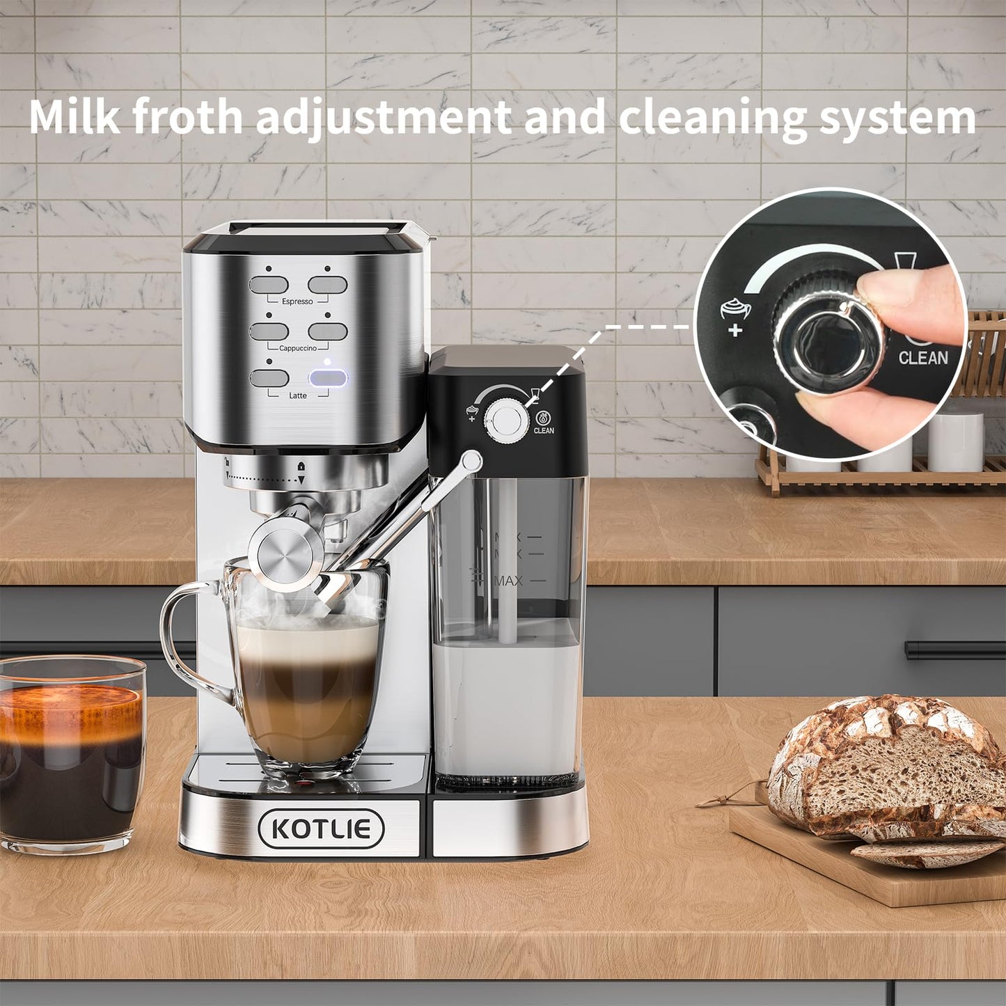 KOTLIE Espresso Coffee Machine with Automatic Milk Frother, 20Bar One-Touch Coffee Machines for Espresso, Cappuccino and Latte, ESE Pod Compatible, Black (CM5180-UK)