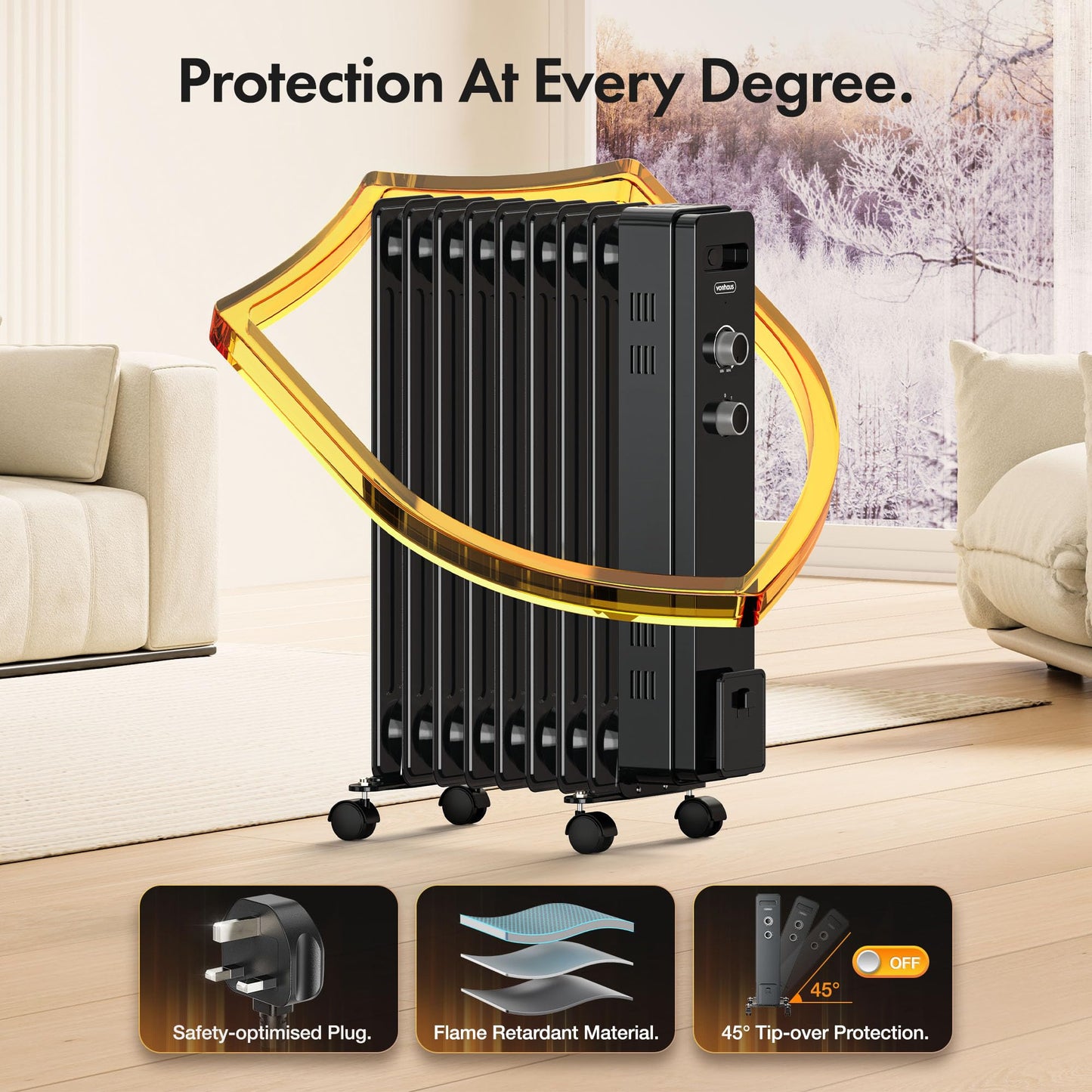 VonHaus Oil Filled Radiator 9 Fin – Oil Heater Portable Electric Free Standing 2000W for Home, Office, Any Room – Adjustable Thermostat, 3 Heat Settings, 4x Wheels, 1.5m Power Cable – 2 Year Warranty