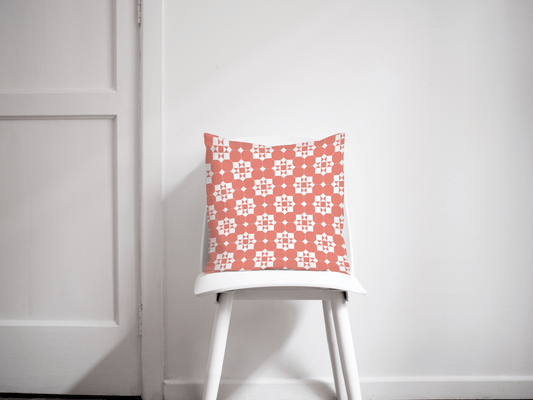 Coral and White Geometric Tiles Design Cushion, Throw Pillow