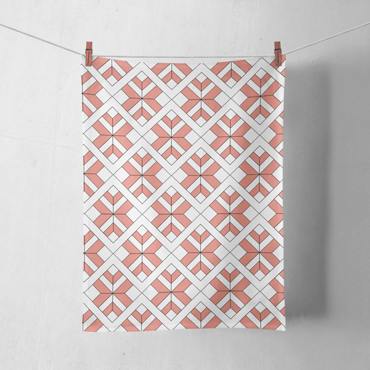Coral and White Tea Towel with a Geometric Design, Dish Towel, Kitchen Towel
