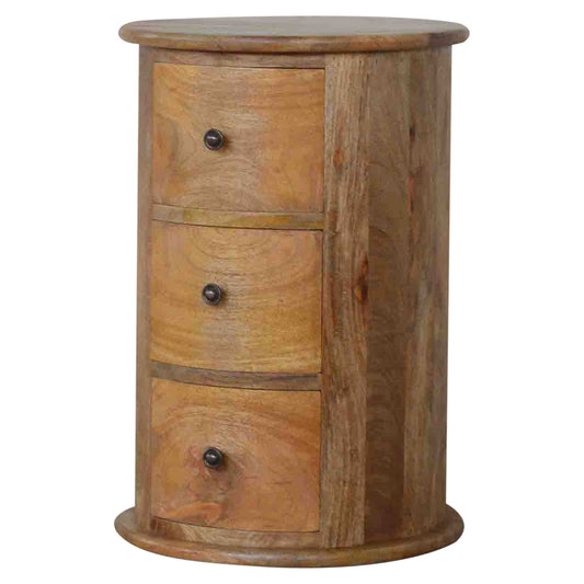 Wooden cylindrical cabinet with three drawers on a white background